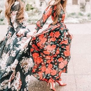 Windsor Black Maxi Dress with Red Floral Print